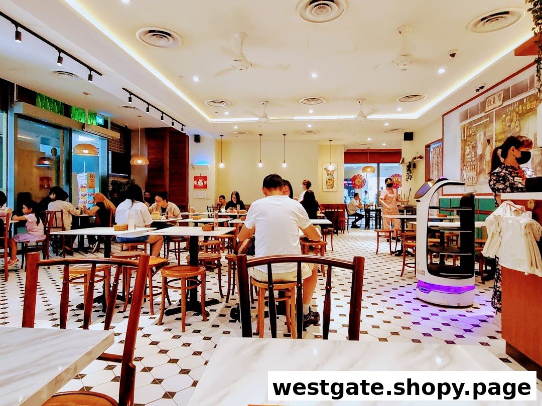 A vibrant interior view of Curry Times restaurant, showing customers dining and a serving robot.