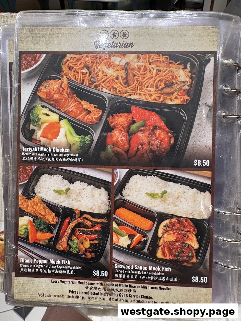 A menu page displaying three vegetarian bento box meals with mock meat options.