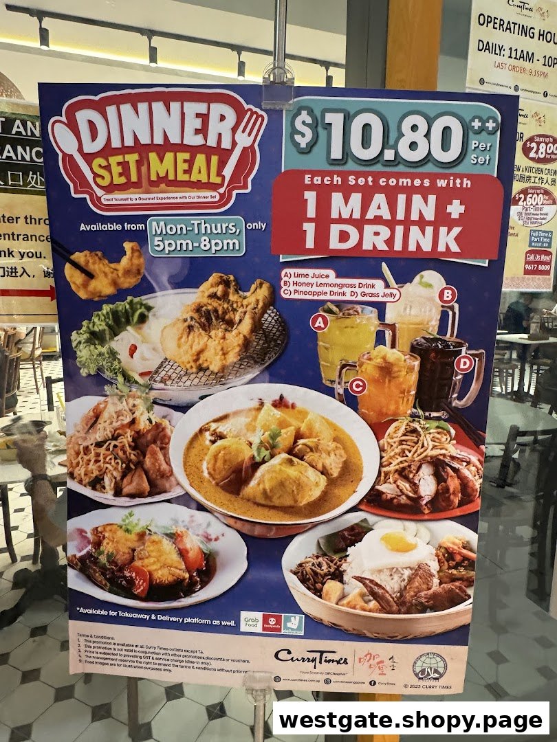 A promotional poster for Curry Times' Dinner Set Meal, featuring various main dishes and drink options.