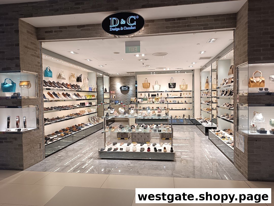 The shopfront of 'DC - Design & Comfort' showcasing a wide array of shoes, bags, and accessories.