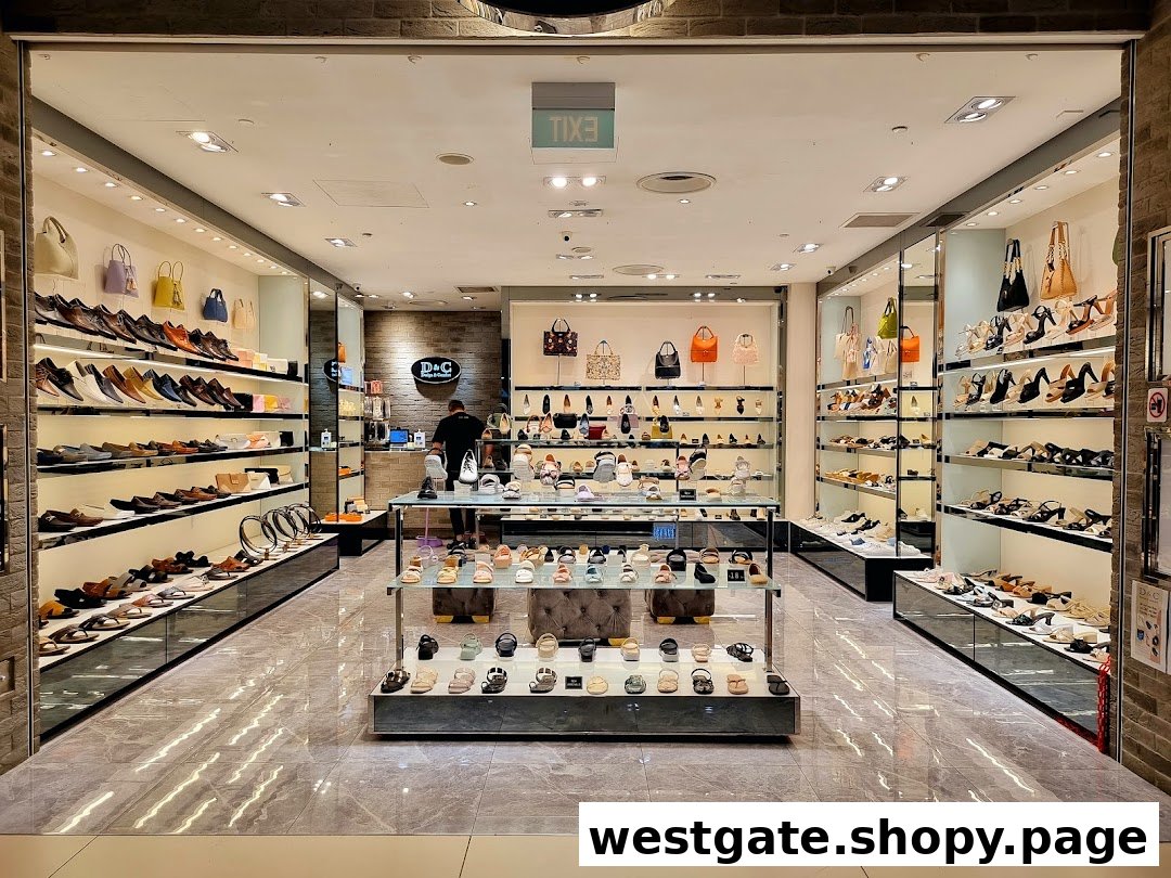 A well-lit shoe and accessory store entrance showcasing a wide variety of footwear and handbags.