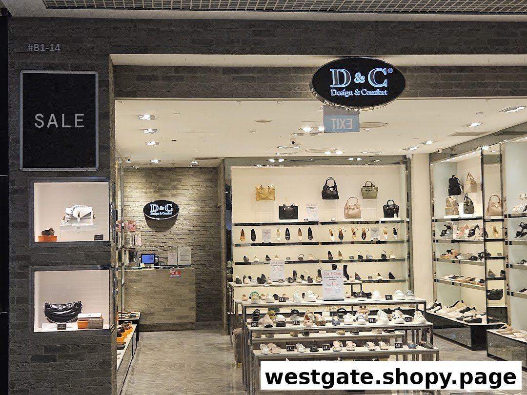 The entrance of DC - Design & Comfort, showcasing a wide array of stylish shoes and handbags.