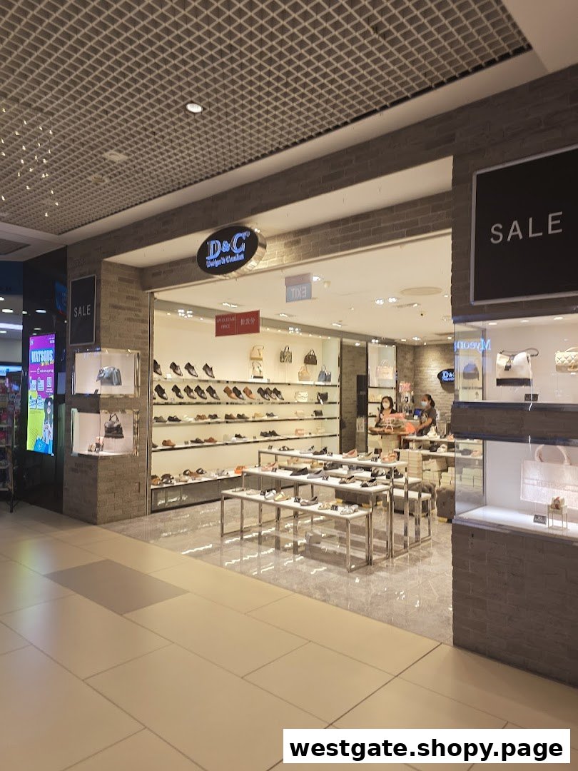 The shop front of 'D&C Design & Comfort' showcasing a wide selection of shoes and handbags.