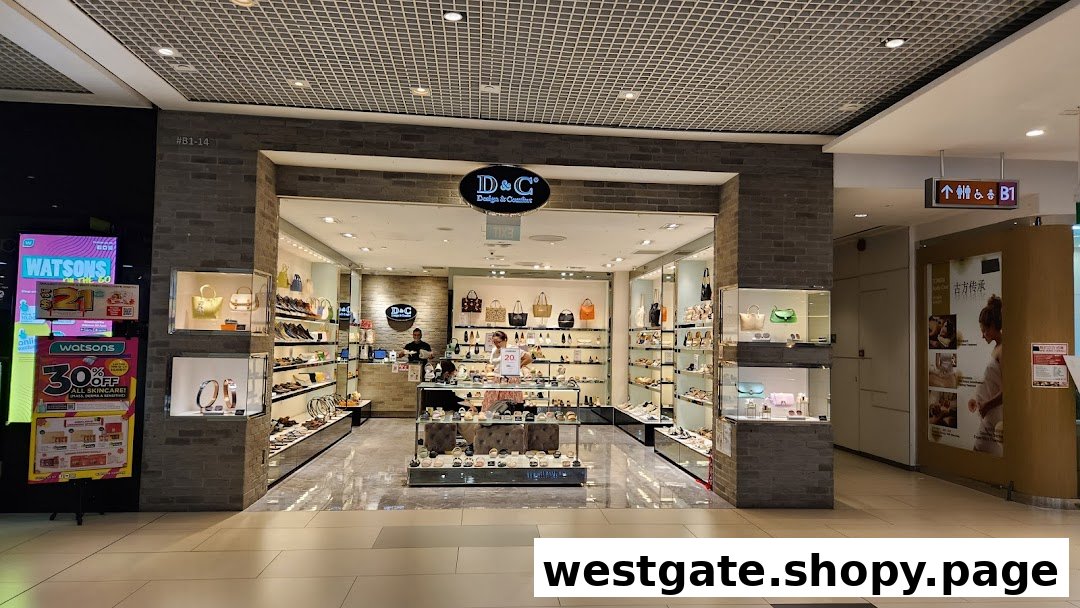 The storefront of DC - Design & Comfort, a retail shop displaying a wide range of shoes and handbags.