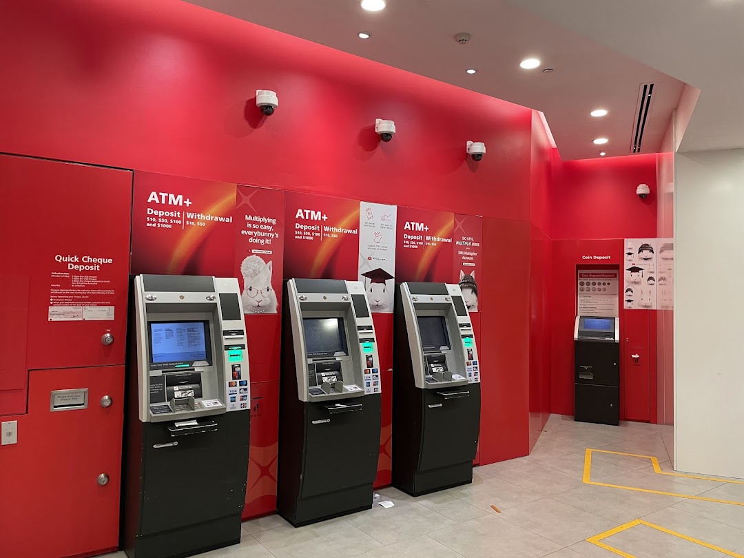Interior view of DBS Westgate Branch featuring multiple ATM+ and Quick Cheque Deposit machines.