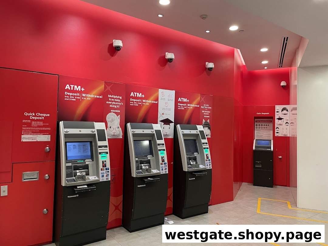 Interior view of DBS Westgate Branch featuring multiple ATM+ and Quick Cheque Deposit machines.