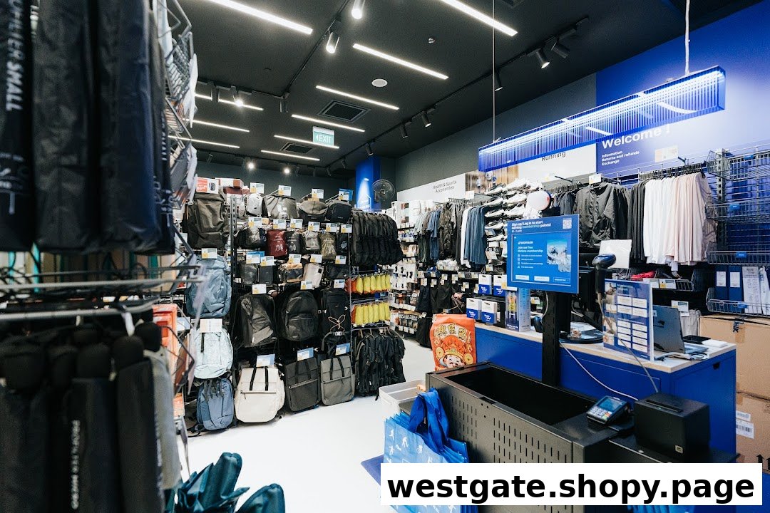 An interior view of Decathlon, showcasing a wide range of sports apparel, bags, and accessories, with a checkout counter visible.