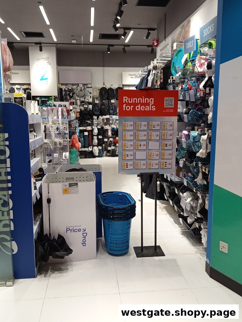 An interior view of Decathlon, showcasing sports apparel, accessories, and a 'Running for deals' display.