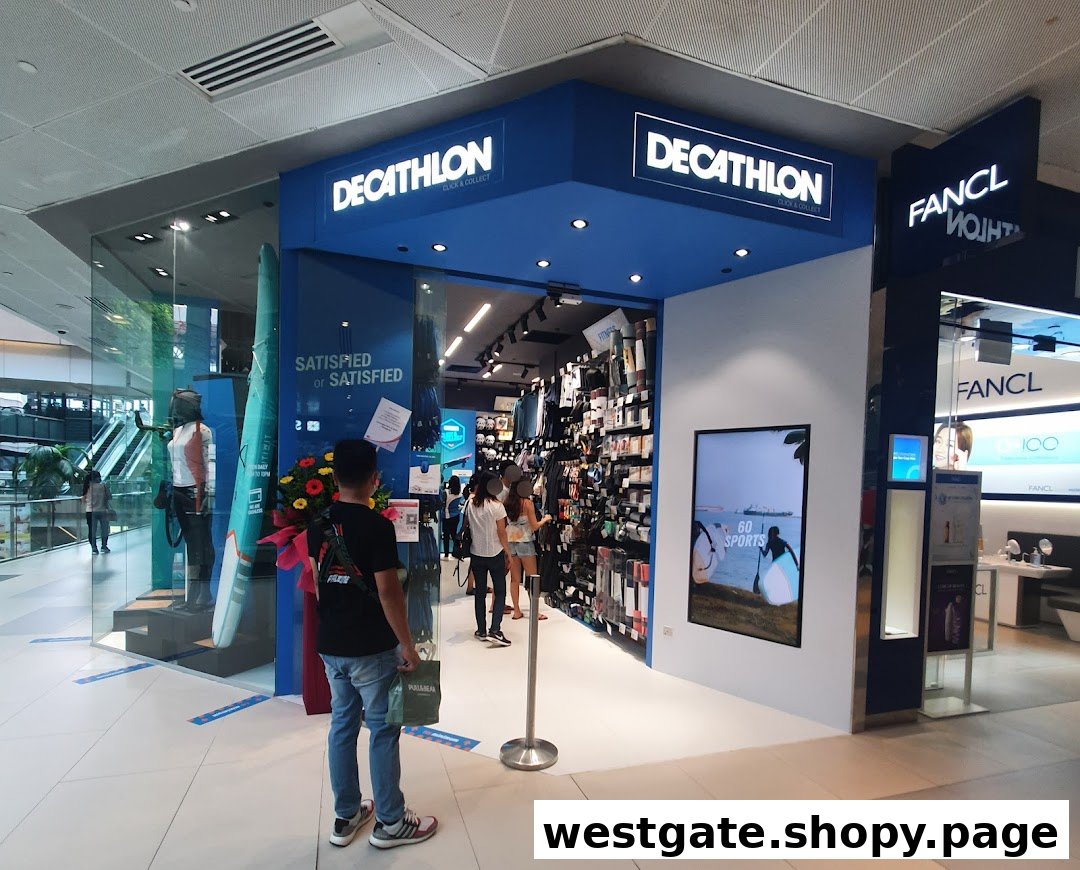 The image shows the blue facade and entrance of Decathlon Westgate Click & Collect store, with sports gear visible inside.
