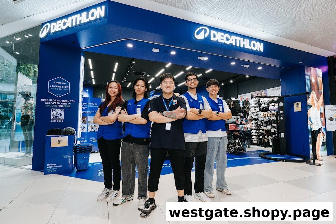 The Decathlon store entrance with five smiling staff members in blue vests posing.