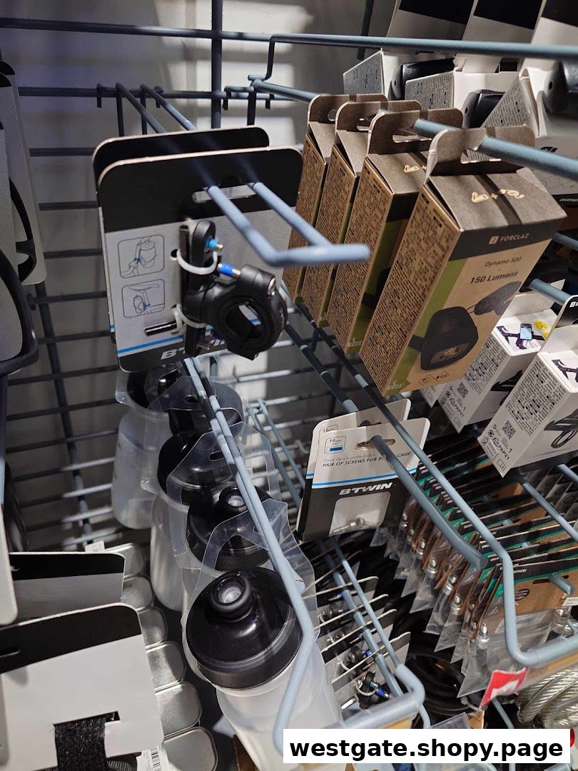 A retail display rack showcasing cycling accessories like lights, water bottles, and mounting hardware.