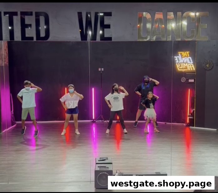 Students and an instructor practice dance moves in a modern dance studio with neon lights.