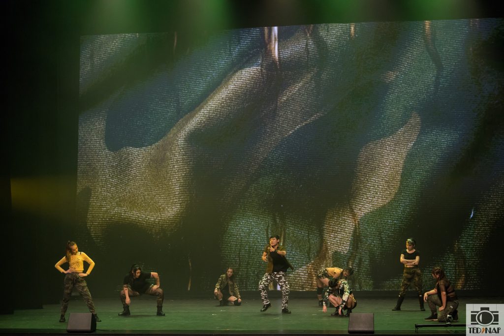 A group of dancers in camouflage outfits performing on a stage with a large screen backdrop.