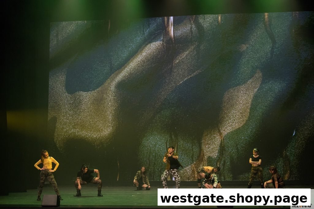A group of dancers in camouflage outfits performing on a stage with a large screen backdrop.