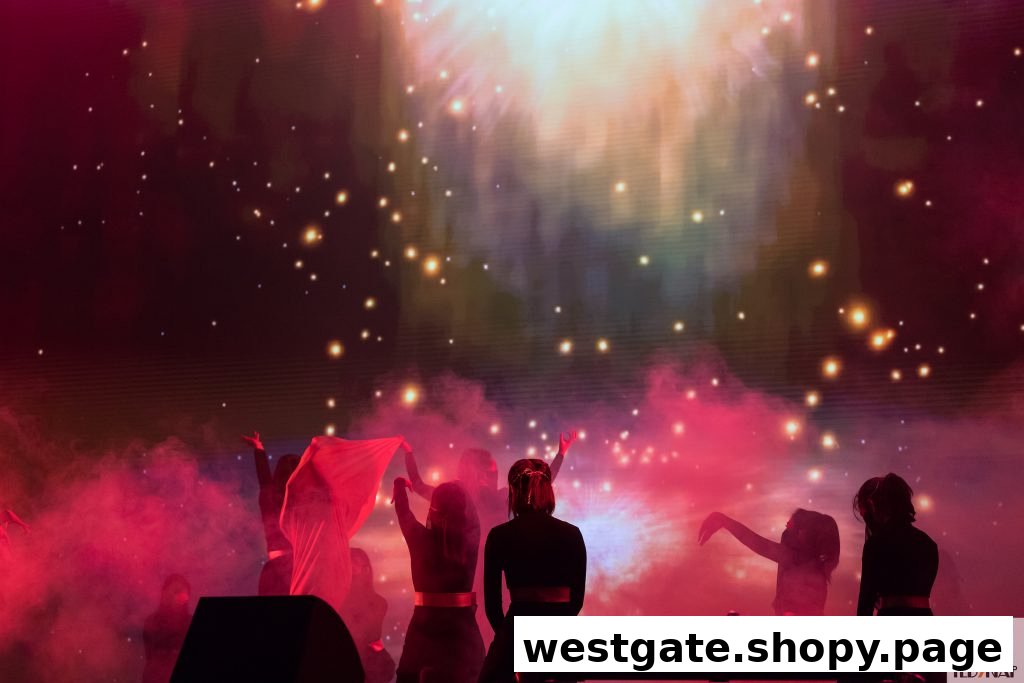 Performers on stage amidst vibrant lights and smoke, showcasing dynamic movement.