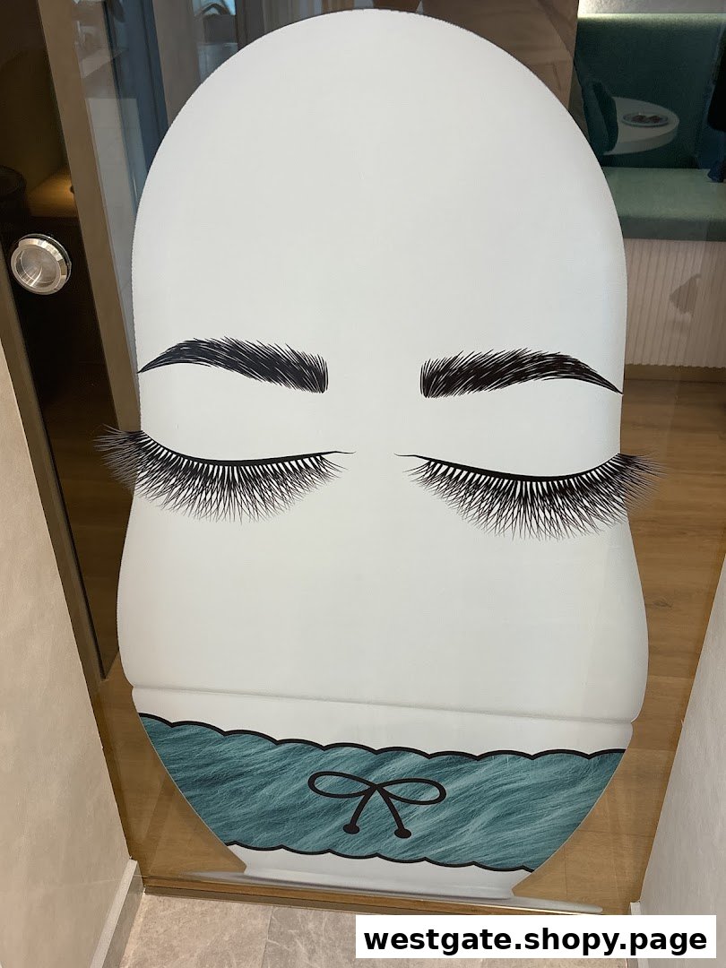 A stylized face with long eyelashes and eyebrows on a white decal, likely on a shop entrance.