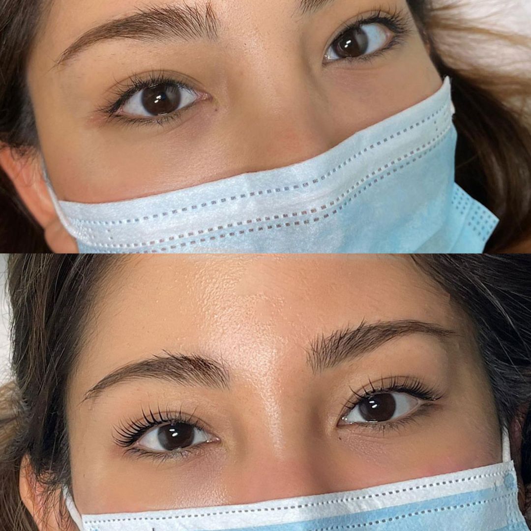 A before-and-after comparison showcasing enhanced eyelashes on a person wearing a face mask.