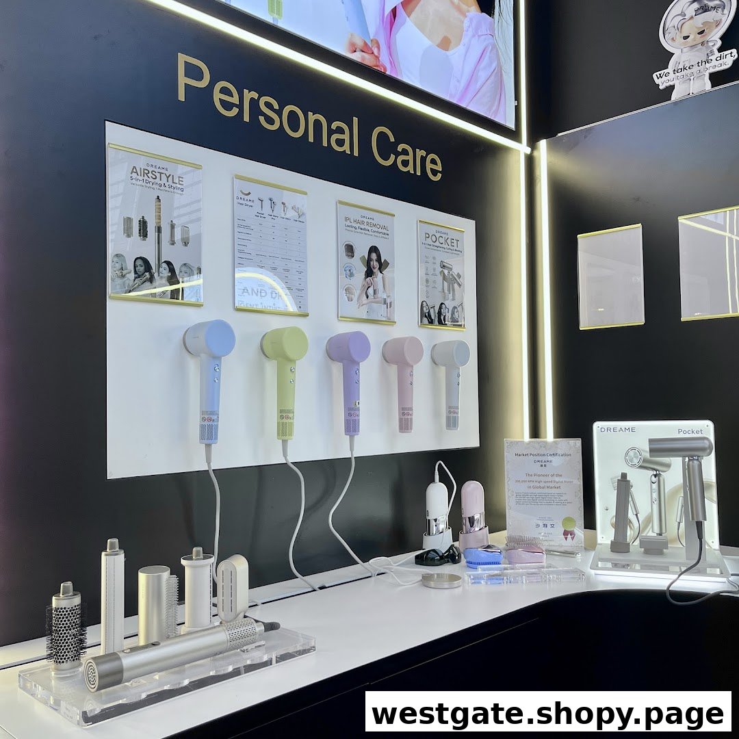 A vibrant display of Dreame personal care devices, including hair dryers and styling tools, with product information.
