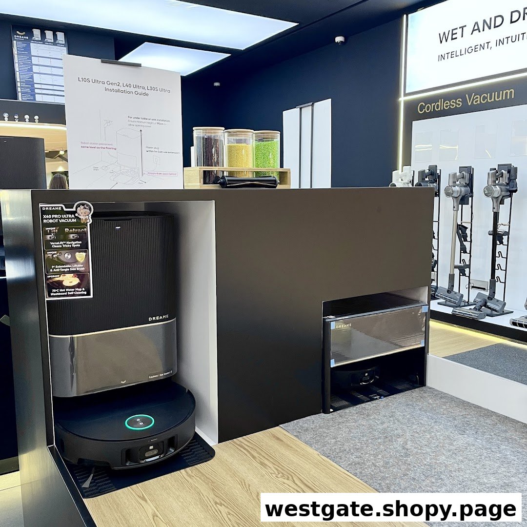 A modern Dreame store display featuring advanced robot vacuums and cordless cleaning solutions.