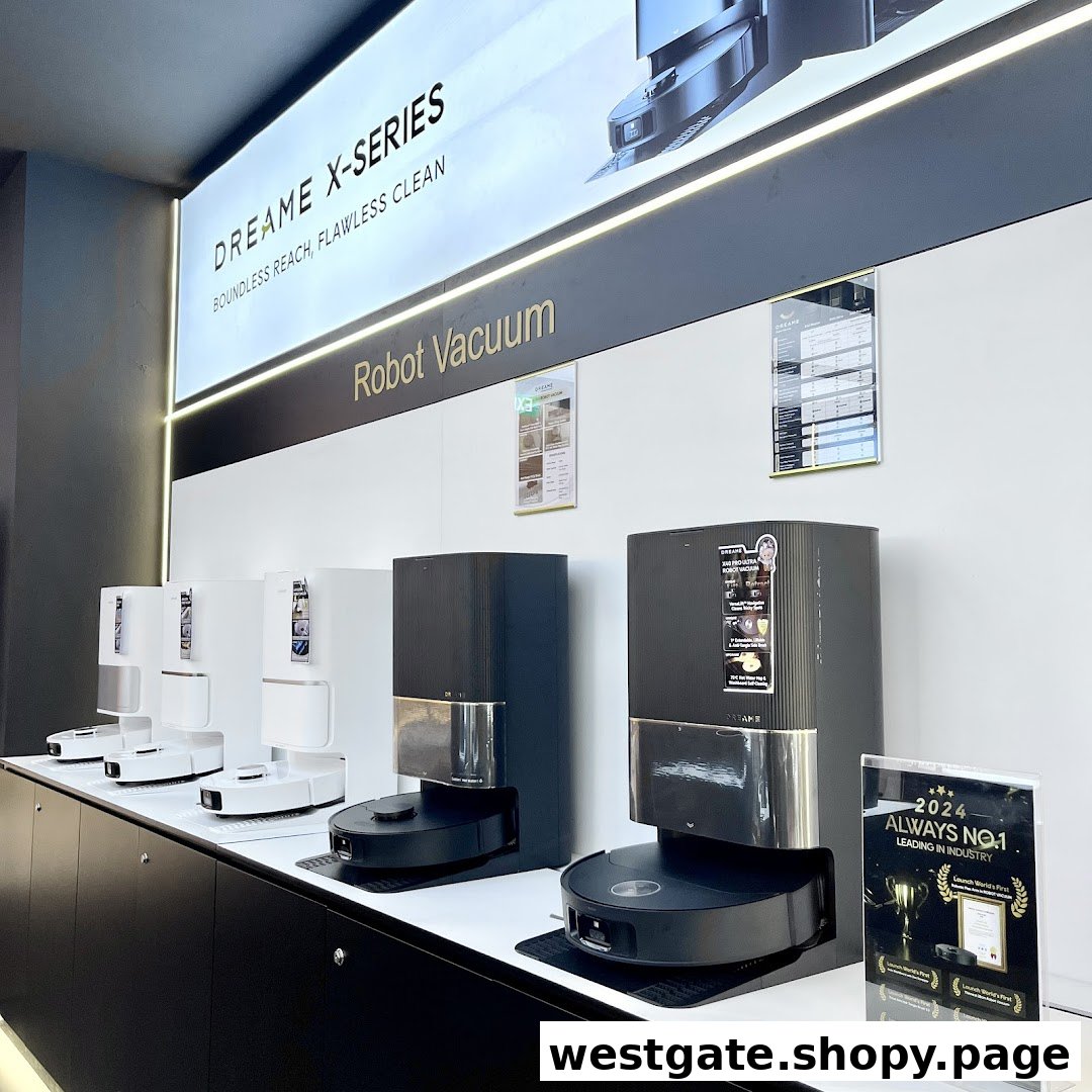 A modern display of Dreame X-Series robot vacuums in a retail store.