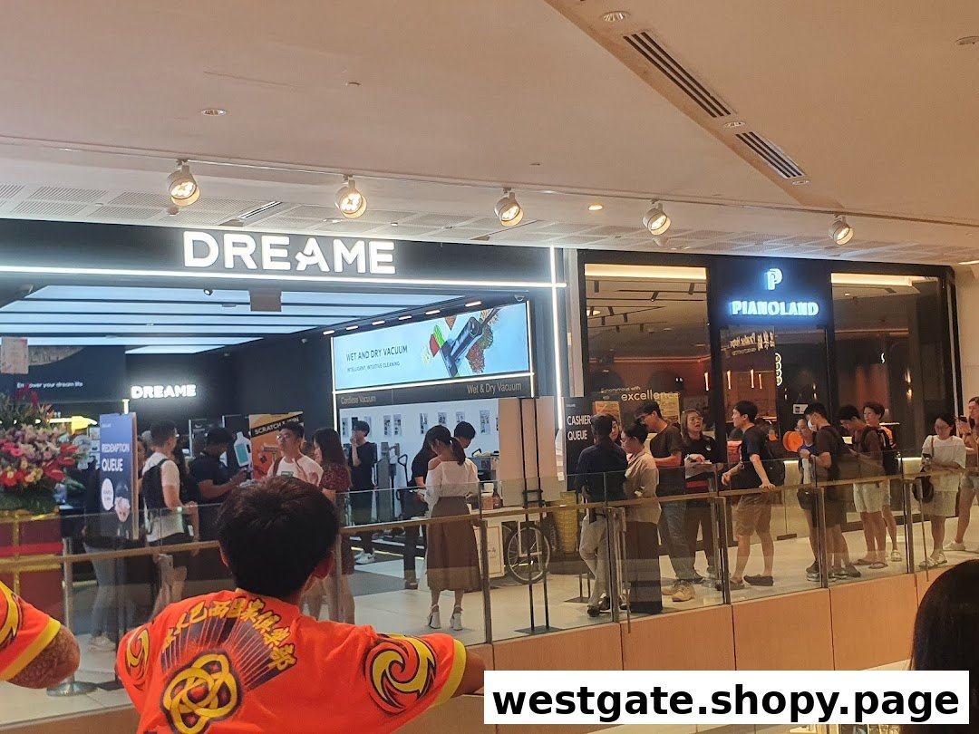 The Dreame store entrance bustling with customers queuing for smart home appliances and cleaning technology.