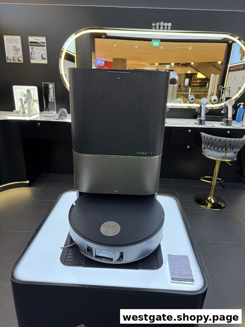 A Dreame robot vacuum/mop is displayed prominently in a modern retail store setting.