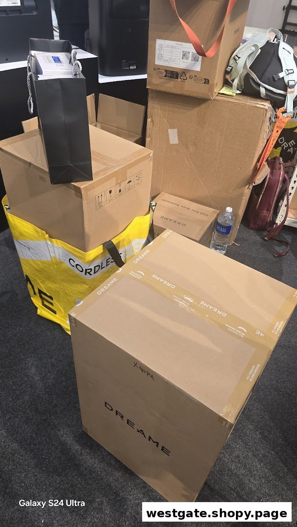 Various Dreame product boxes and packaging, including a shopping bag.