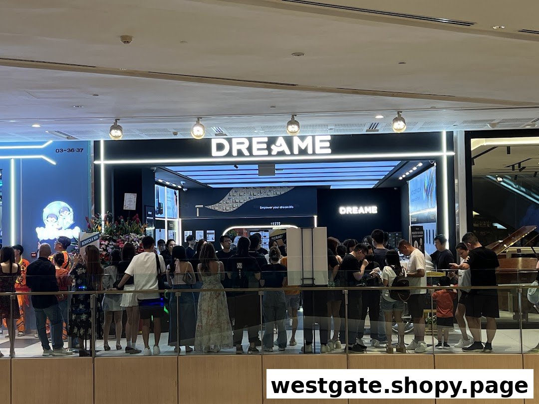 A bustling shop front of Dreame at Westgate with a crowd of customers gathered outside.