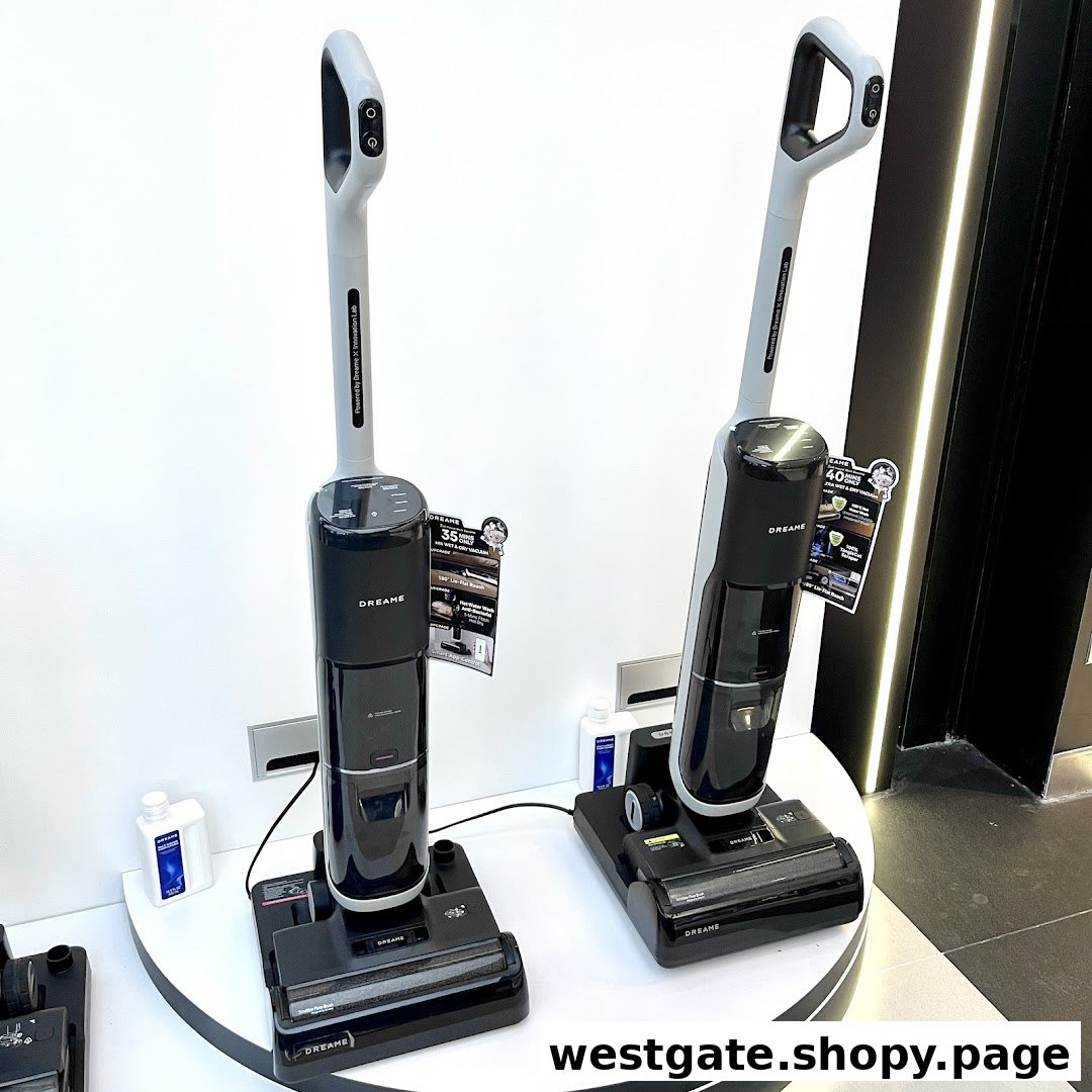 Two Dreame brand wet and dry vacuum cleaners displayed in a retail store.