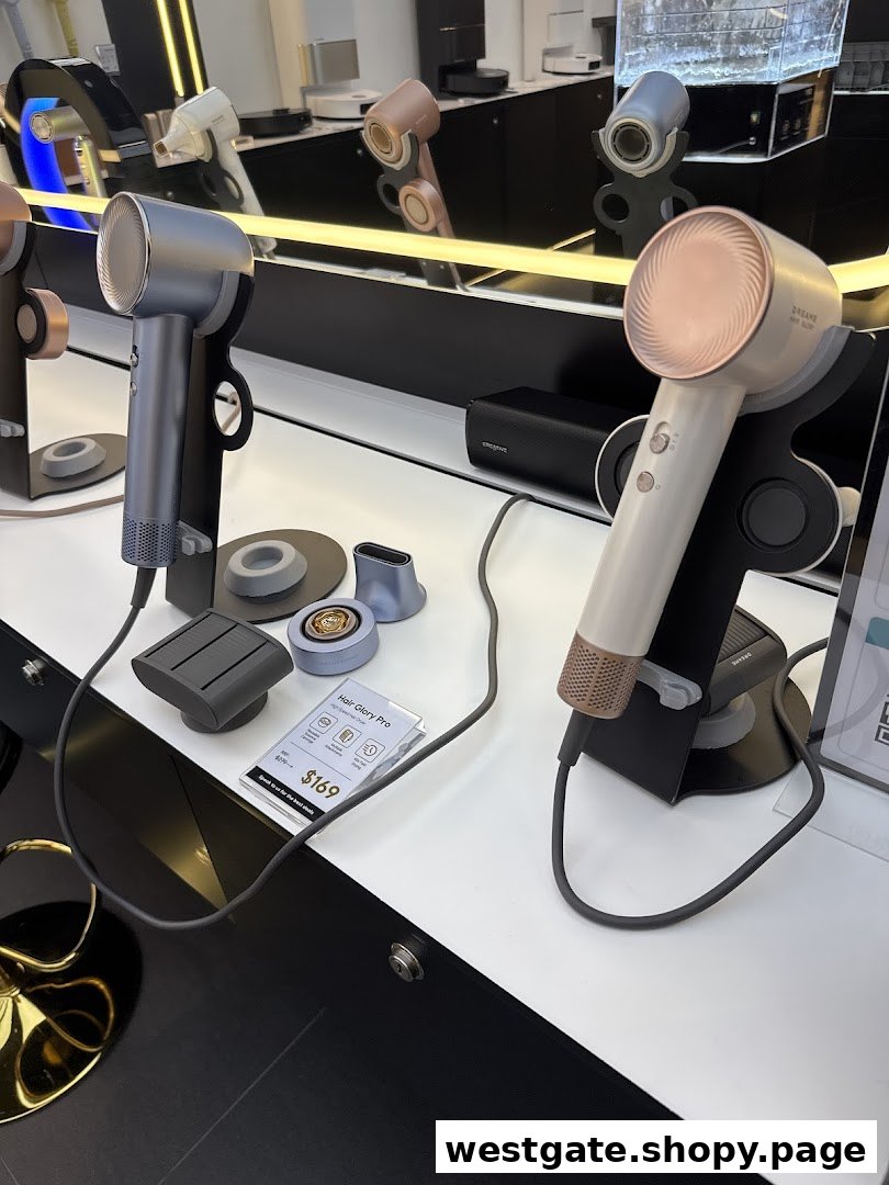 Sleek Dreame Hair Glory Pro hair dryers and accessories displayed in a modern retail setting.