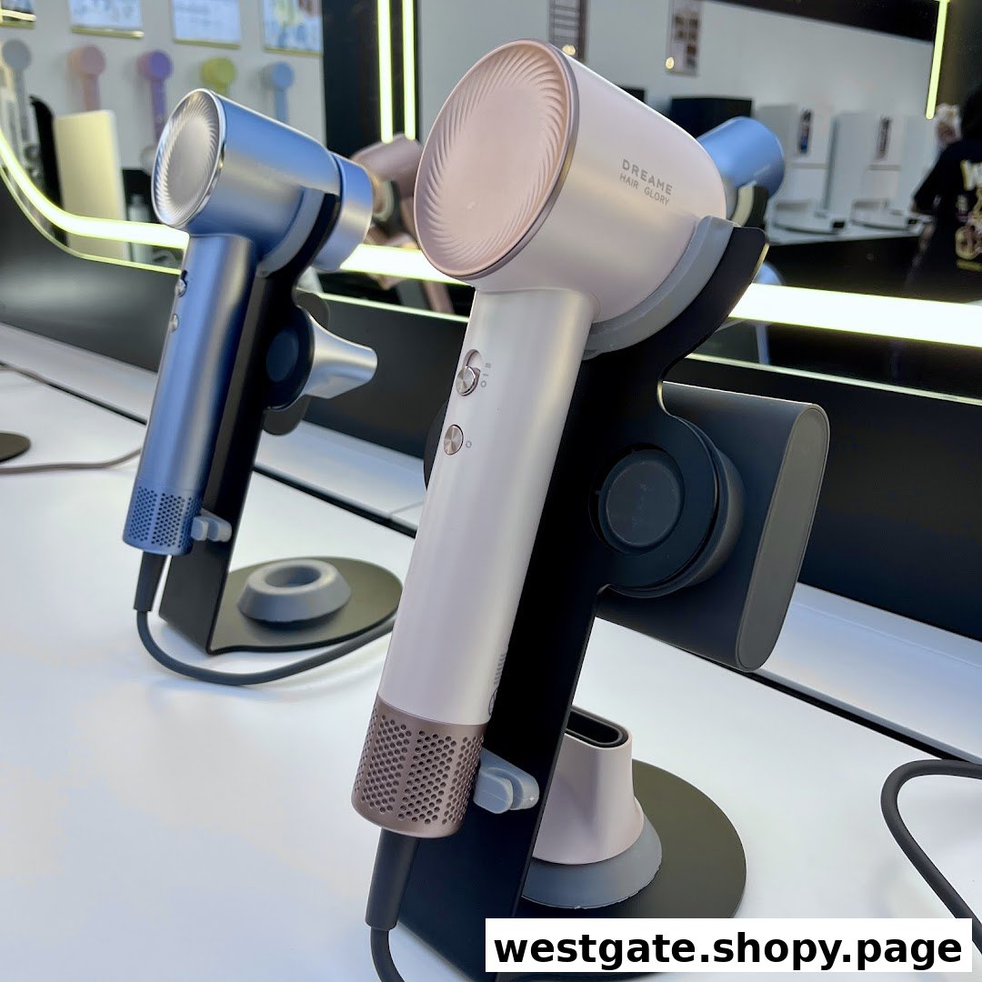 Close-up of two Dreame Hair Glory hair dryers on display in a retail store.