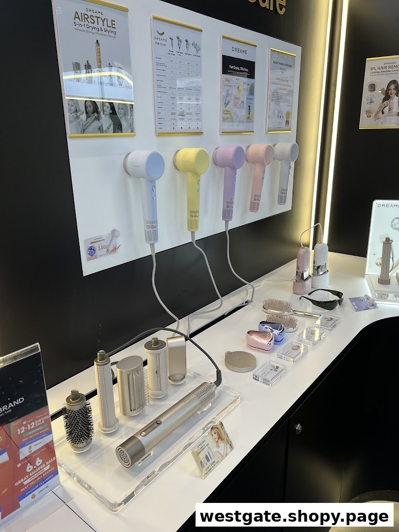 A display of Dreame hair styling tools and beauty devices, featuring colorful hair dryers and multi-stylers.