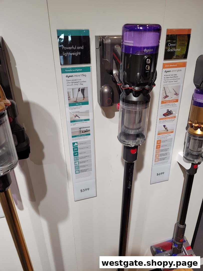 Dyson micro 1.5kg and Omni-glide vacuum cleaners displayed with product features and prices.