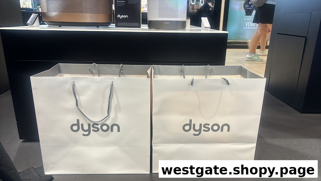 Two Dyson shopping bags sit before display models of Dyson air purifiers in a retail store.