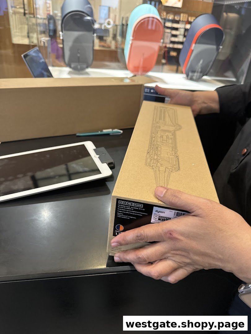 A person holds a Dyson product box, with other Dyson devices displayed in the background.