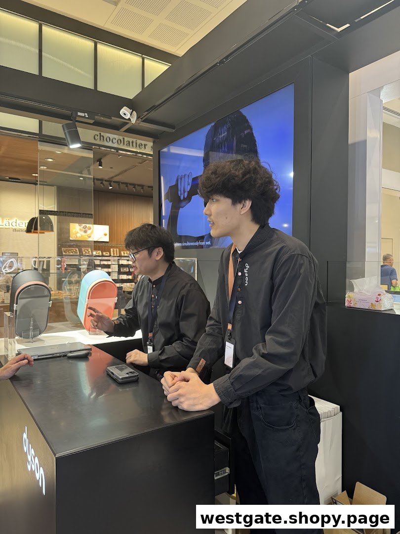 Dyson staff assist customers at a counter, showcasing innovative products and technology.