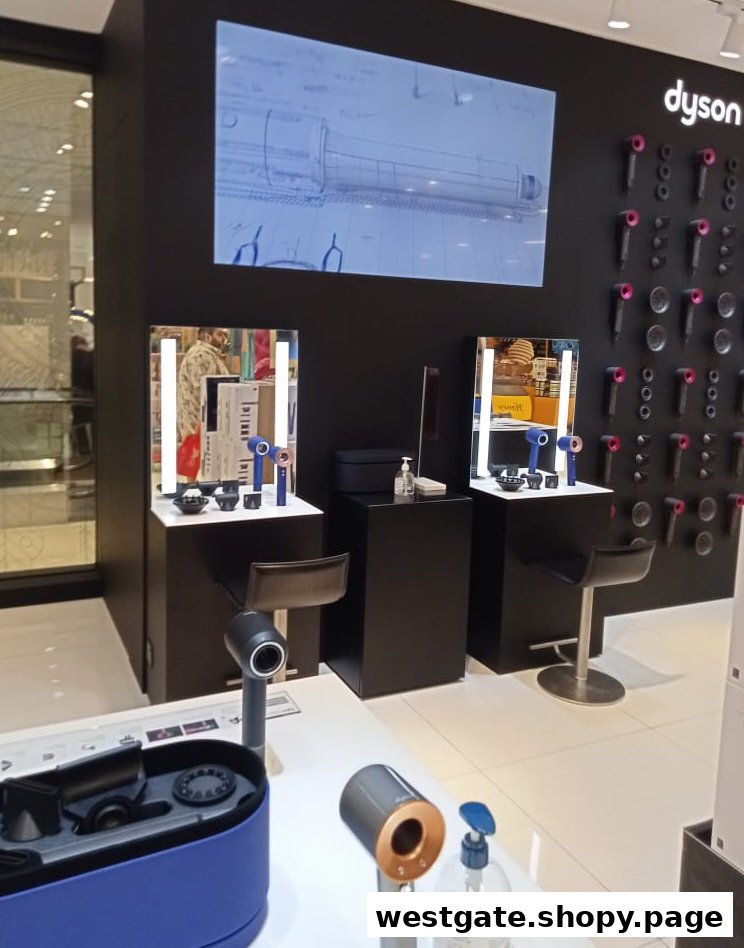 Interior view of Dyson store showcasing hair styling products and interactive demonstration stations.