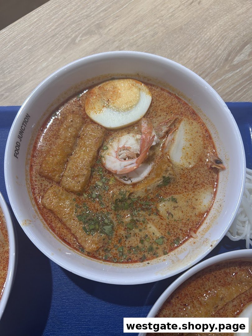 A vibrant bowl of spicy laksa with prawns, egg, and fishcake, served at Food Junction.