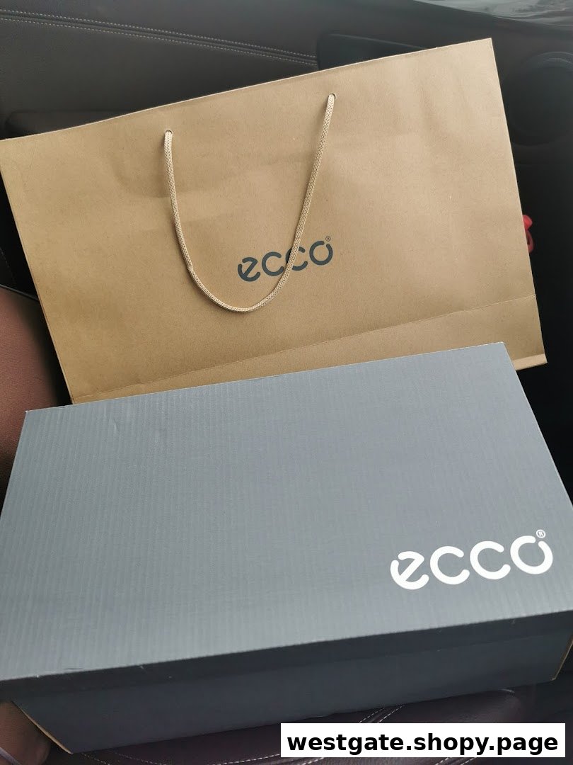 An ECCO shopping bag and shoe box, showcasing a recent purchase from the footwear brand.
