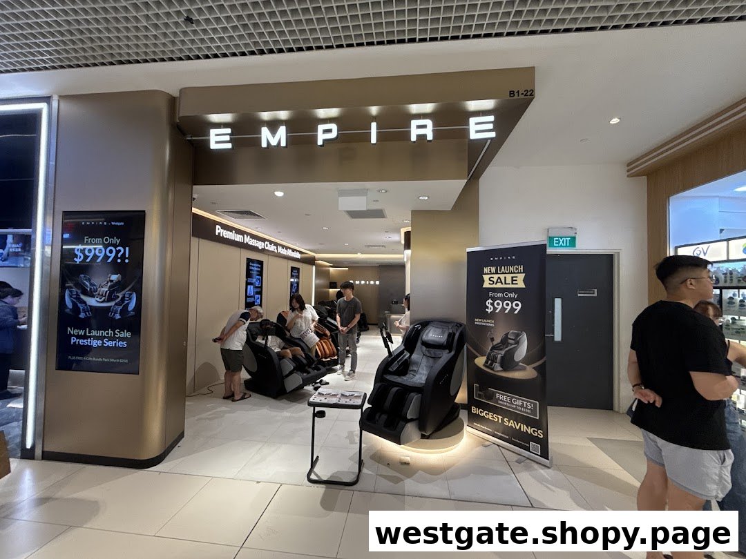 The entrance of EMPIRE Massage Chair store, showcasing massage chairs and customers trying them.