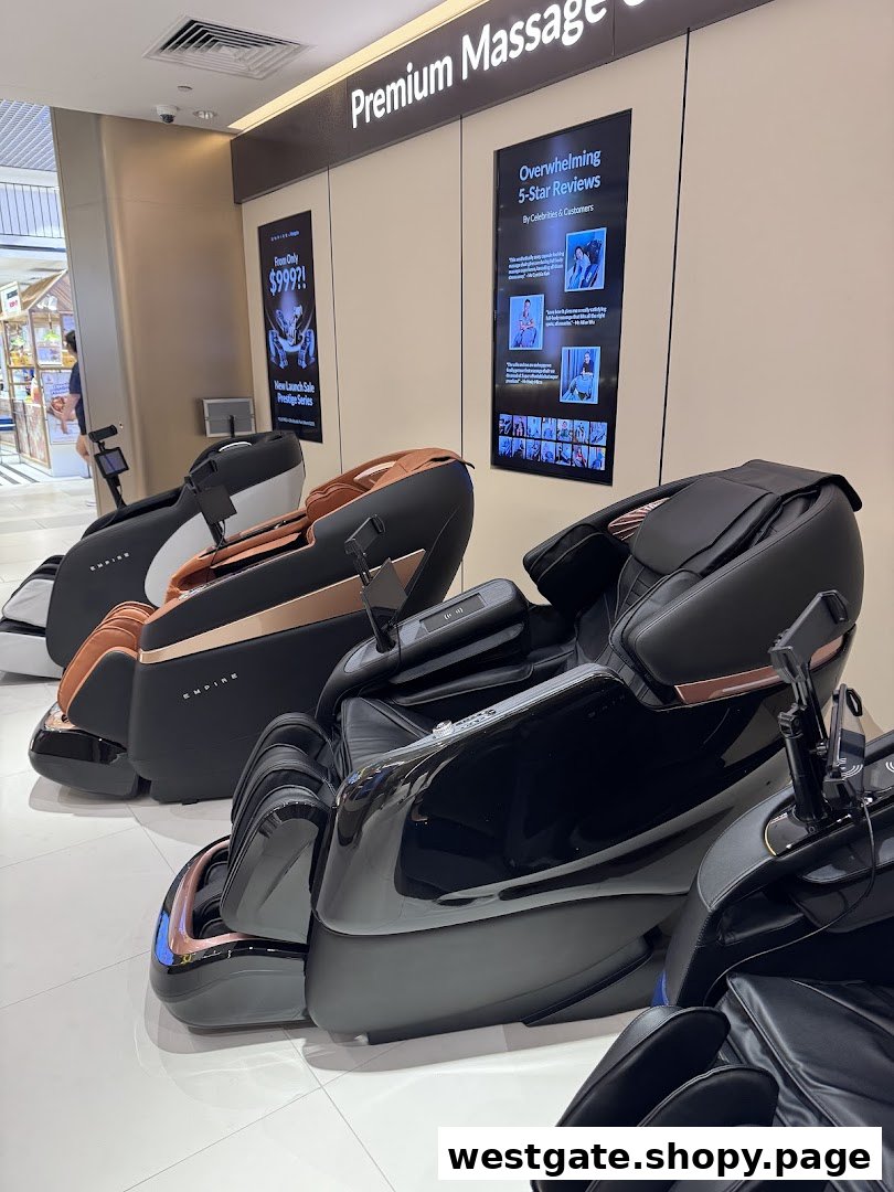A showroom displaying several premium massage chairs from EMPIRE, featuring sleek designs.