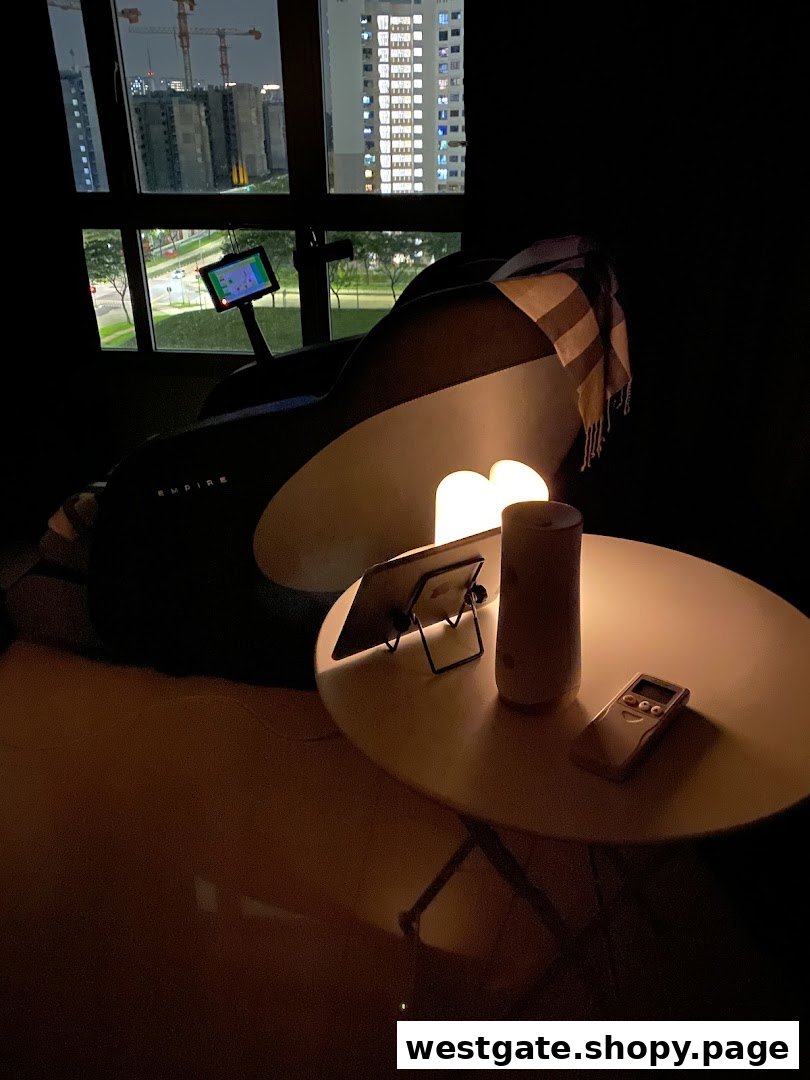 A luxurious massage chair illuminated in a cozy setting, offering relaxation with a city night view.