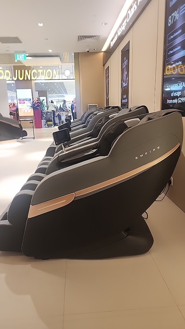 Row of premium Empire massage chairs displayed in a retail store.