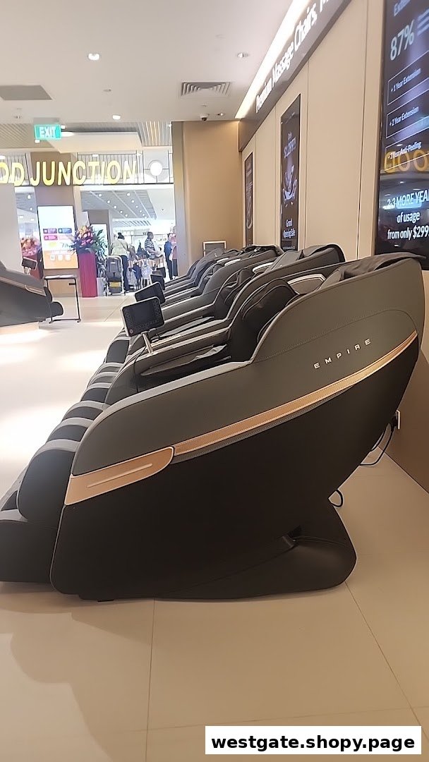 Row of premium Empire massage chairs displayed in a retail store.