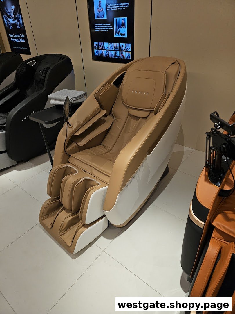 A luxurious tan and white massage chair displayed prominently in a retail showroom.