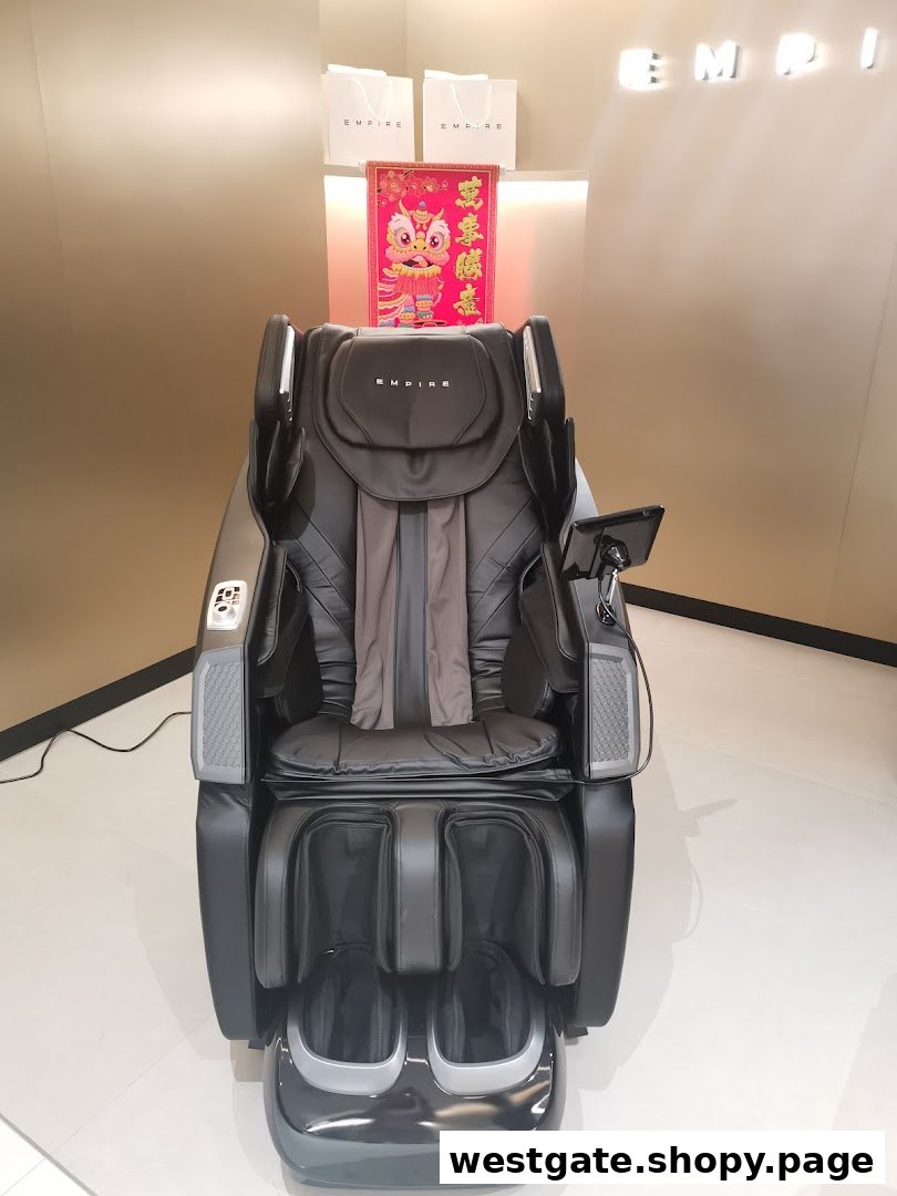 A luxurious black massage chair displayed prominently inside the EMPIRE store.