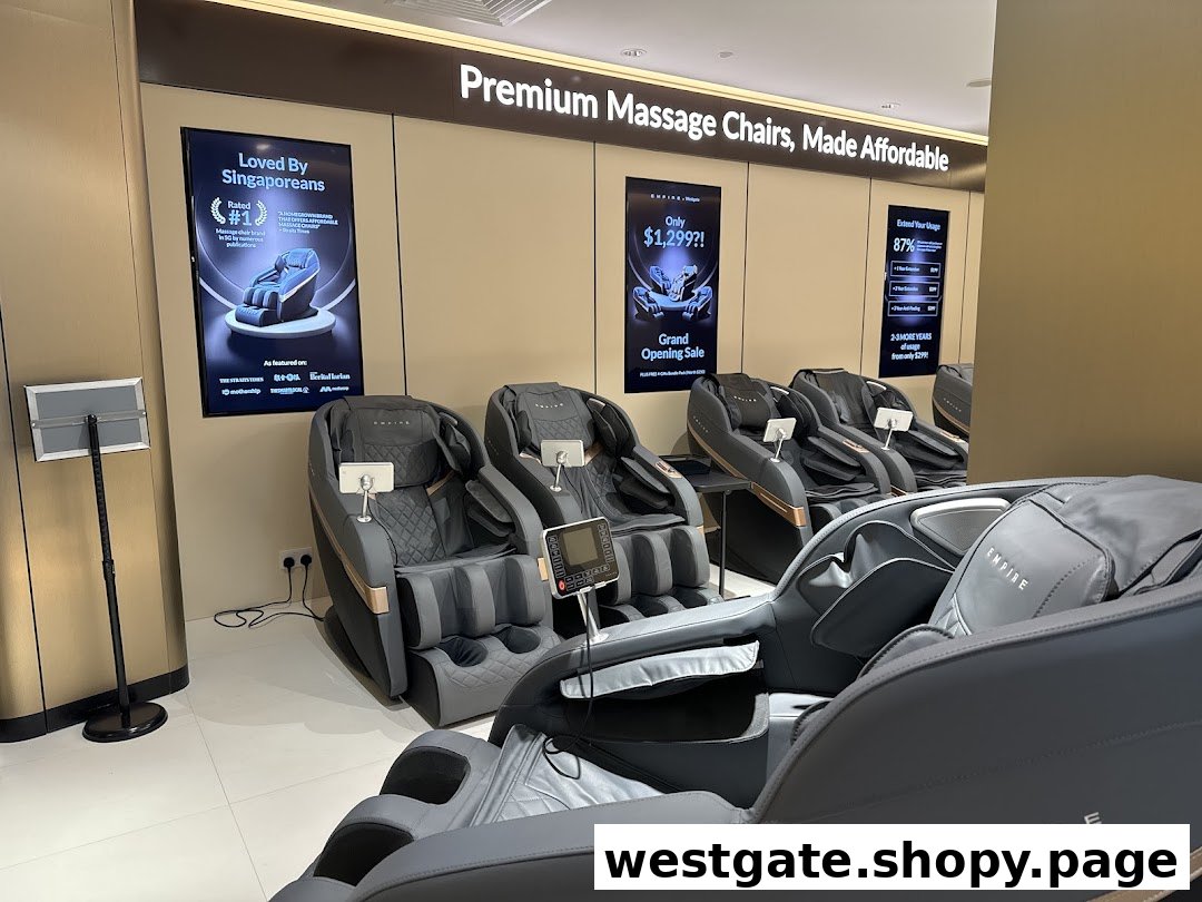 A showroom displaying several premium EMPIRE massage chairs for customer viewing and testing.