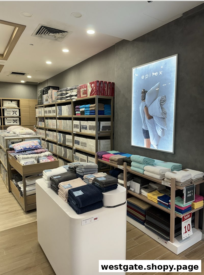 An interior view of Epitex, showcasing a wide range of bedding, pillows, and towels on display.