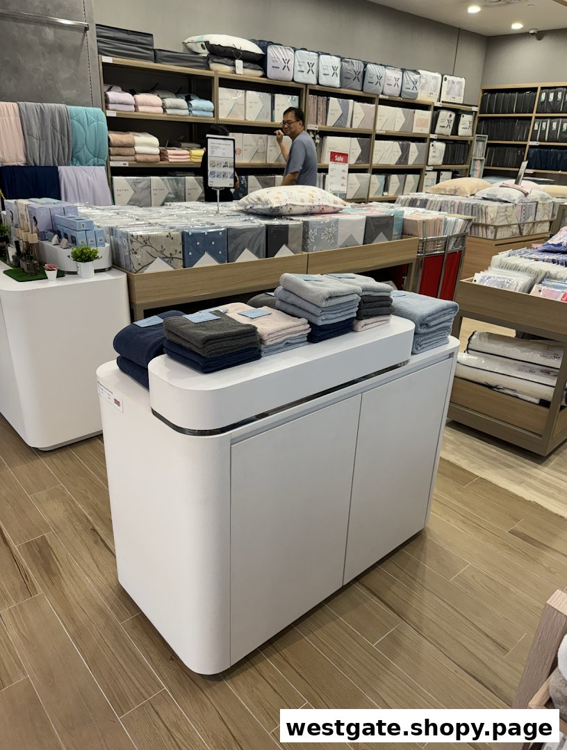 Interior view of Epitex Westgate, showcasing a wide range of bedding, pillows, and home textiles.