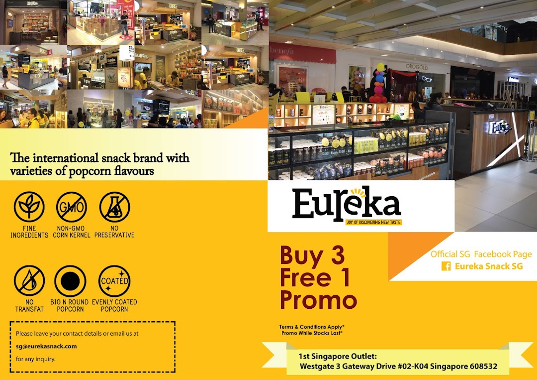 A collage showcasing Eureka Popcorn's outlets, products, and a 'Buy 3 Free 1' promotion.